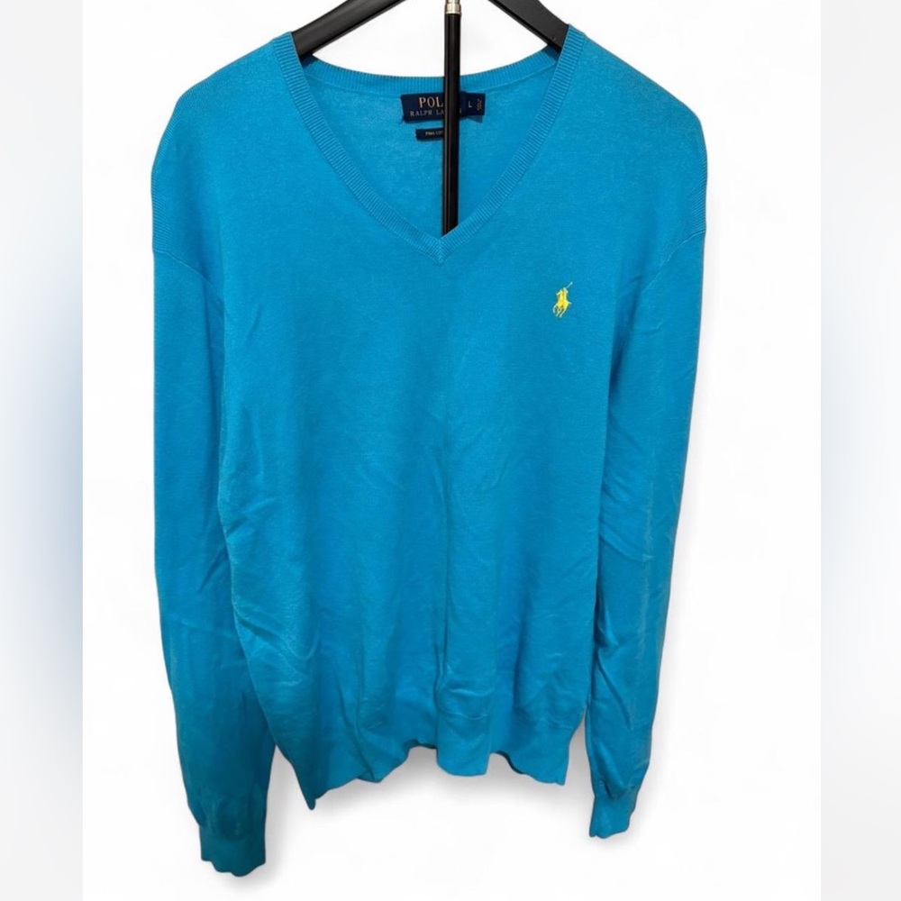 Polo by Ralph Lauren Men’s V-Neck Sweater - Turquoise with Yellow Logo